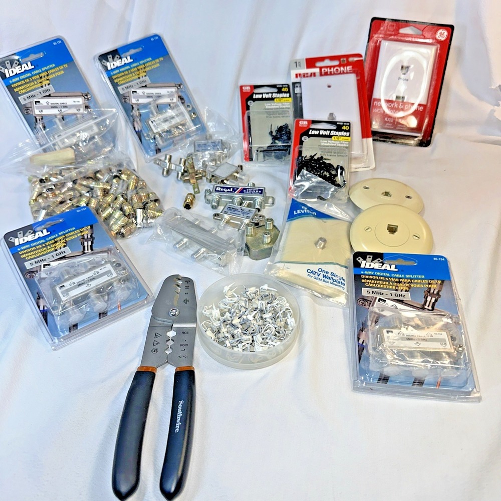 Lot Of Cable Installation Equipment : Crimps, Cable, Splitters, Wall Plates+